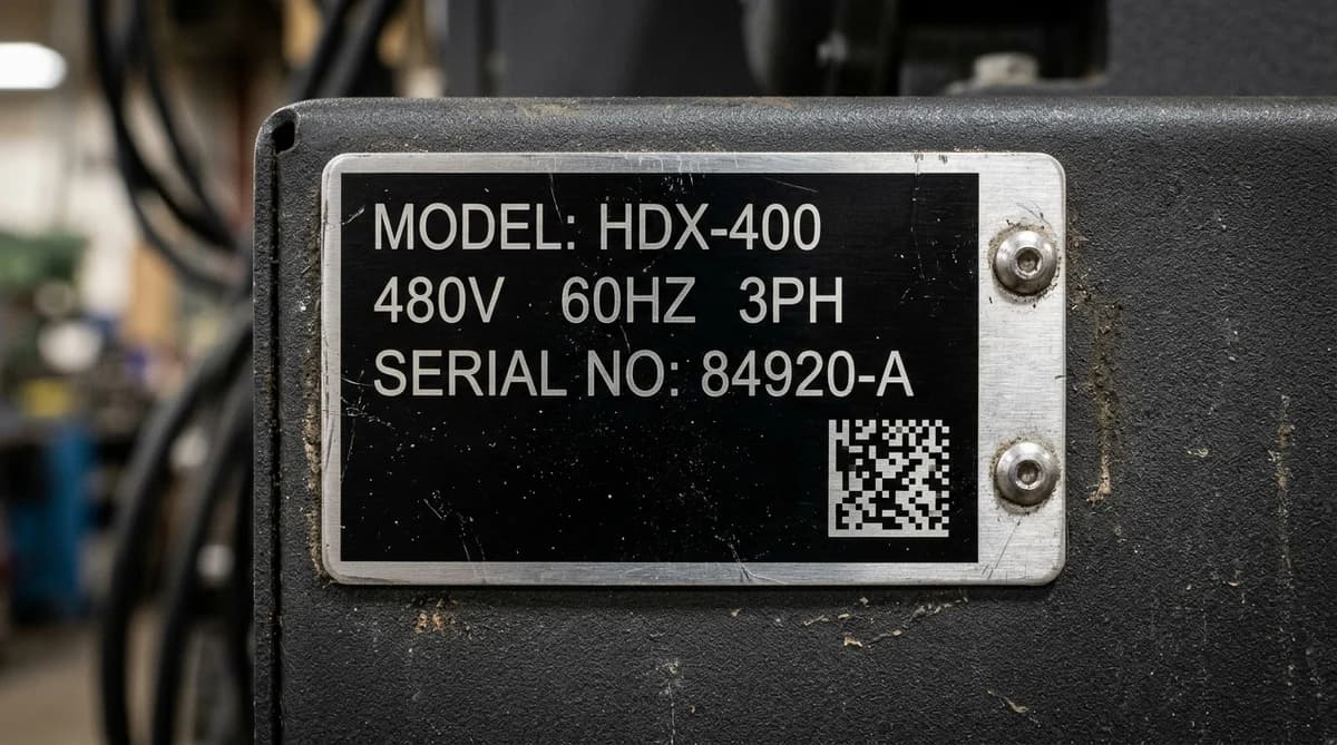 Macro photograph of a black anodized and brushed stainless steel industrial serial nameplate fastened with two stainless pop-rivets onto a textured cast motor housing with laser-etched voltage ratings and 2D DataMatrix barcode