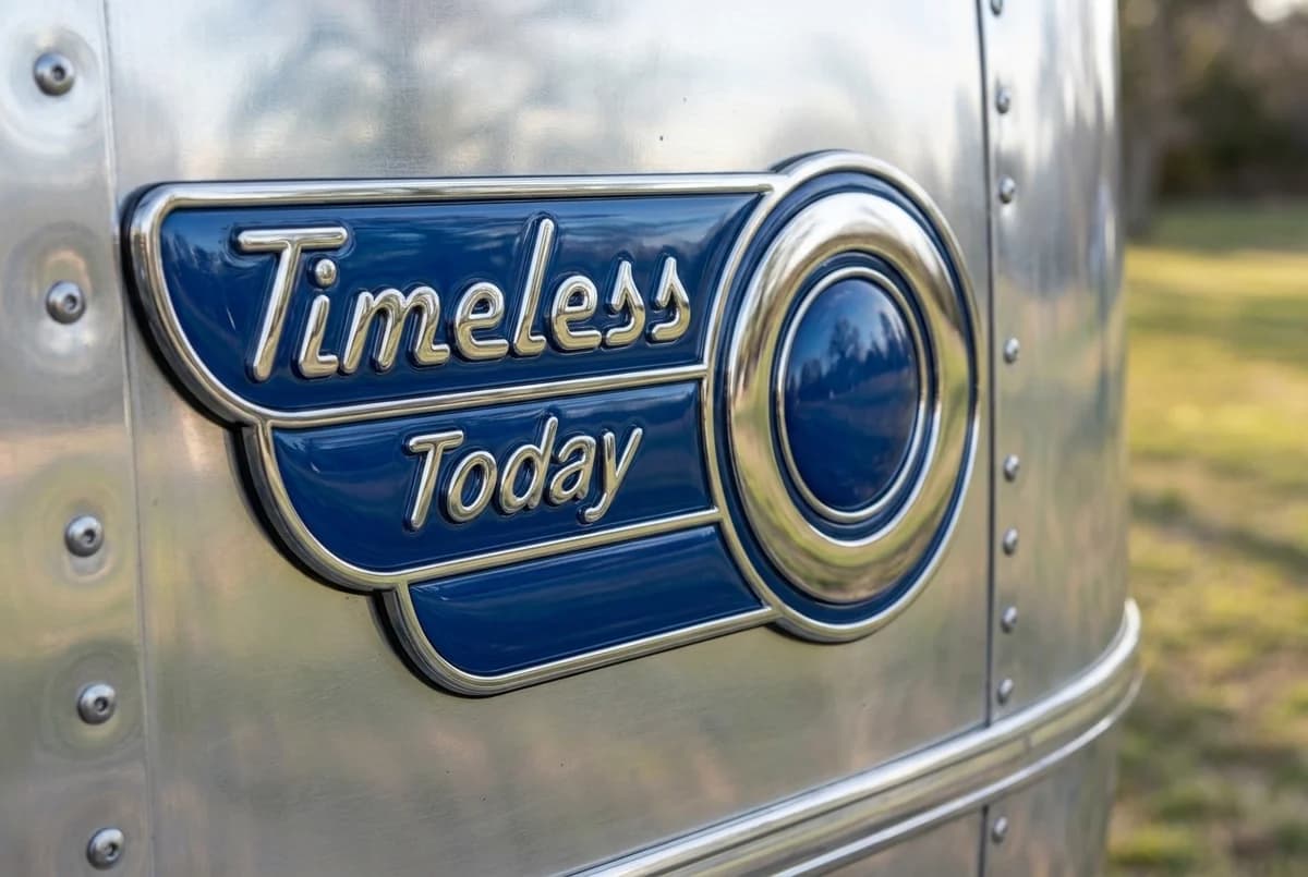 Dimensional embossed chrome and blue metallic badge installed on a riveted brushed aluminum trailer panel