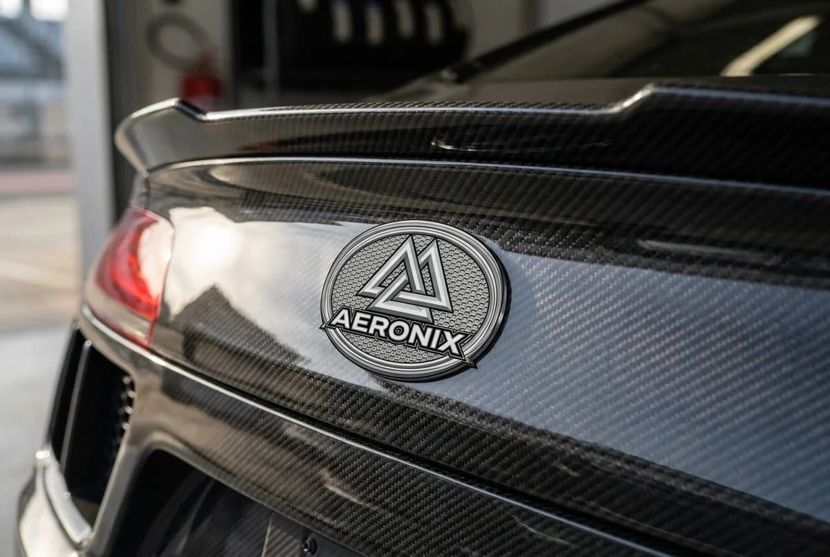 Sculpted 3D metallic emblem with honeycomb recessed texture mounted on a glossy carbon fiber exterior panel