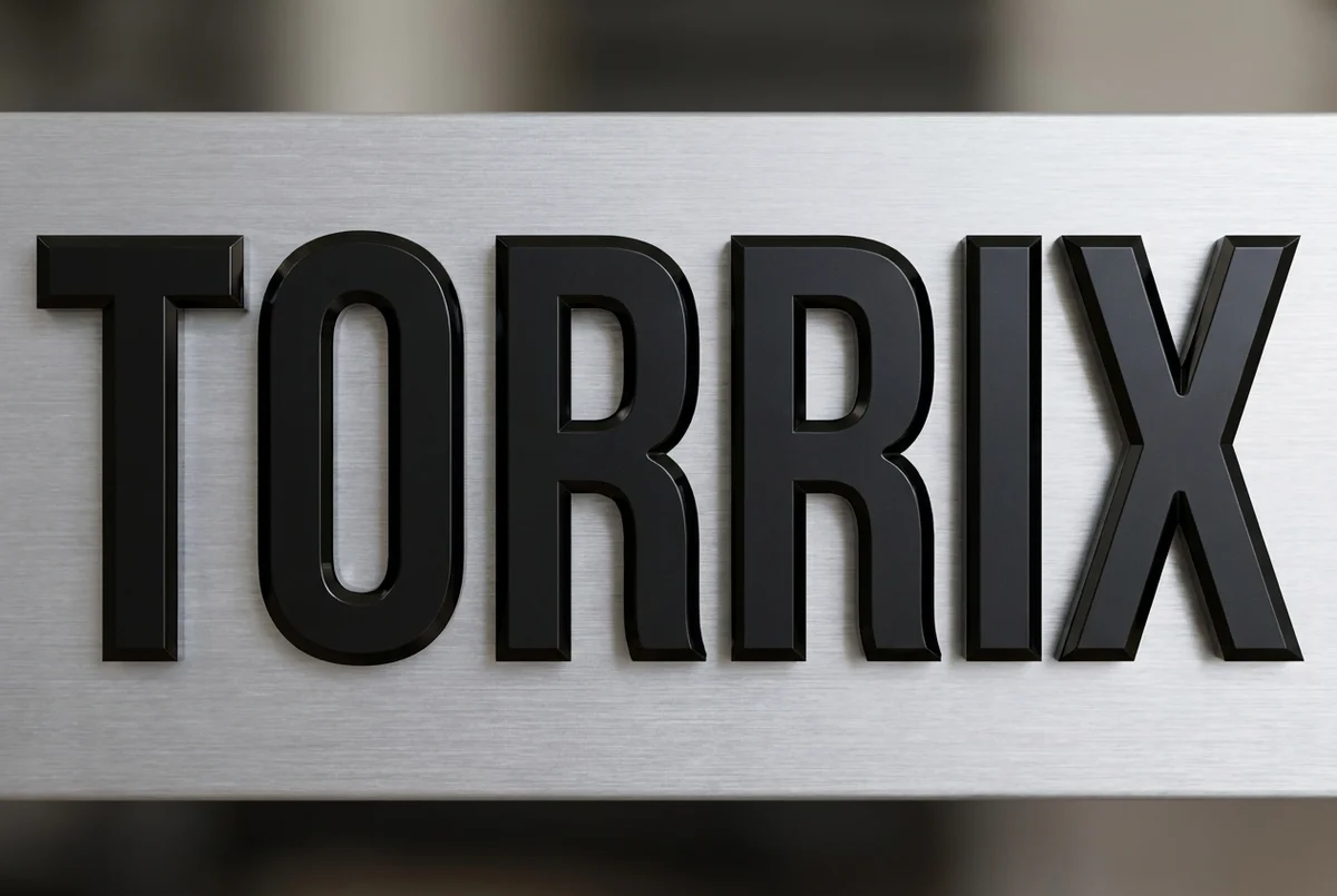 Matte black beveled 3D ABS individual block letters TORRIX mounted on brushed aluminum