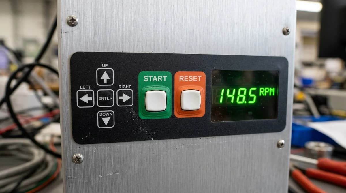 Close-up factory photograph of a velvet-textured polycarbonate graphic overlay panel with raised embossed START and RESET membrane buttons and an illuminated green RPM digital display window