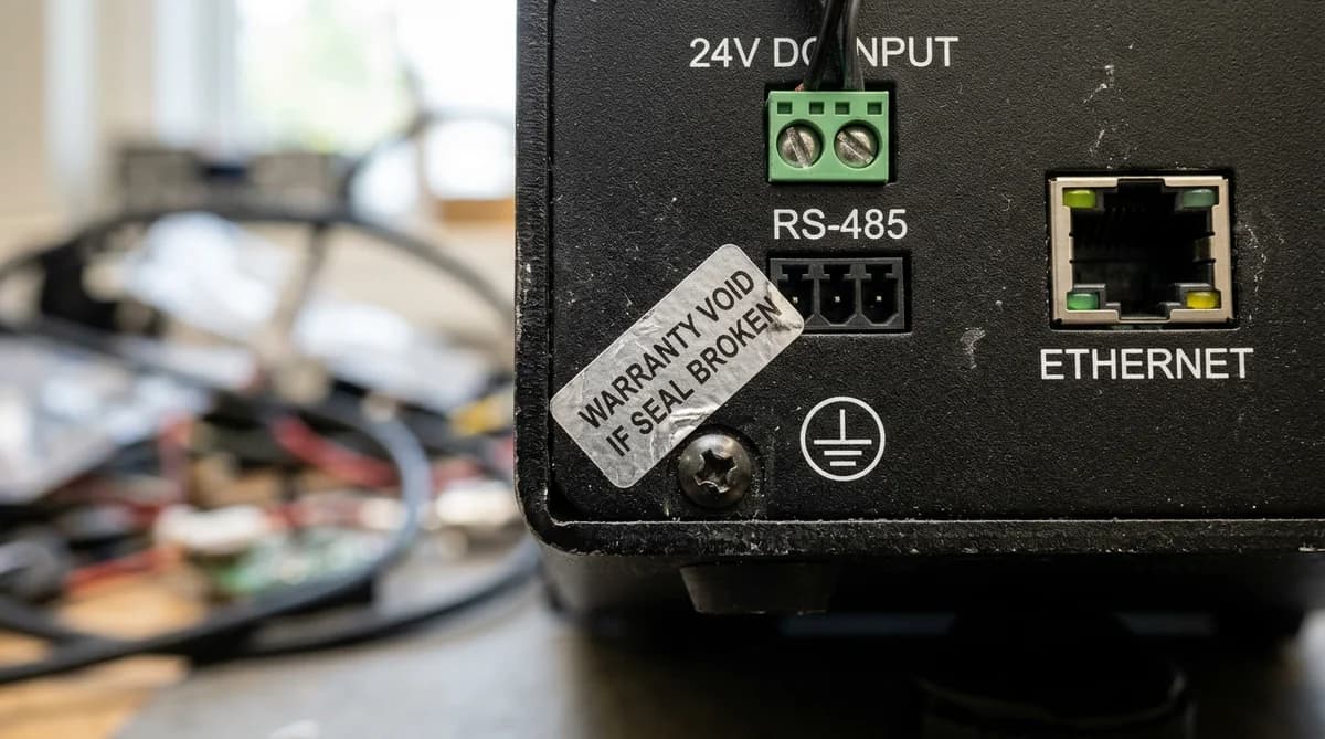 Macro photograph of the rear panel of a black anodized aluminum industrial controller showing direct white silkscreen markings for 24V DC INPUT, RS-485, ETHERNET, ground symbol, and a metallic WARRANTY VOID IF SEAL BROKEN tamper-evident sticker across the corner screw seam