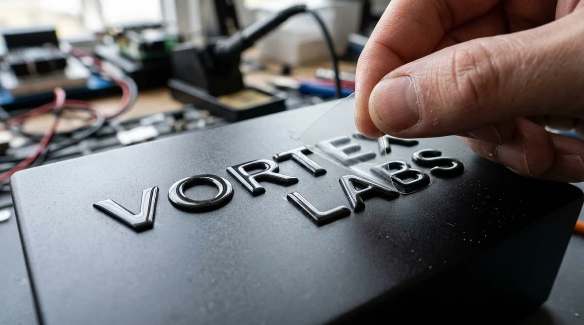 Macro photograph of hands peeling back the clear Film B transfer sheet from a glossy raised UV DTF transfer logo adhered to a matte black aluminum electronics housing