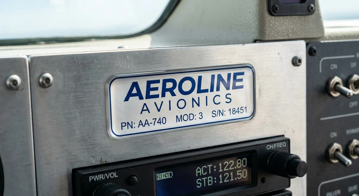 Brushed aluminium dome nameplate on the faceplate of an avionics unit