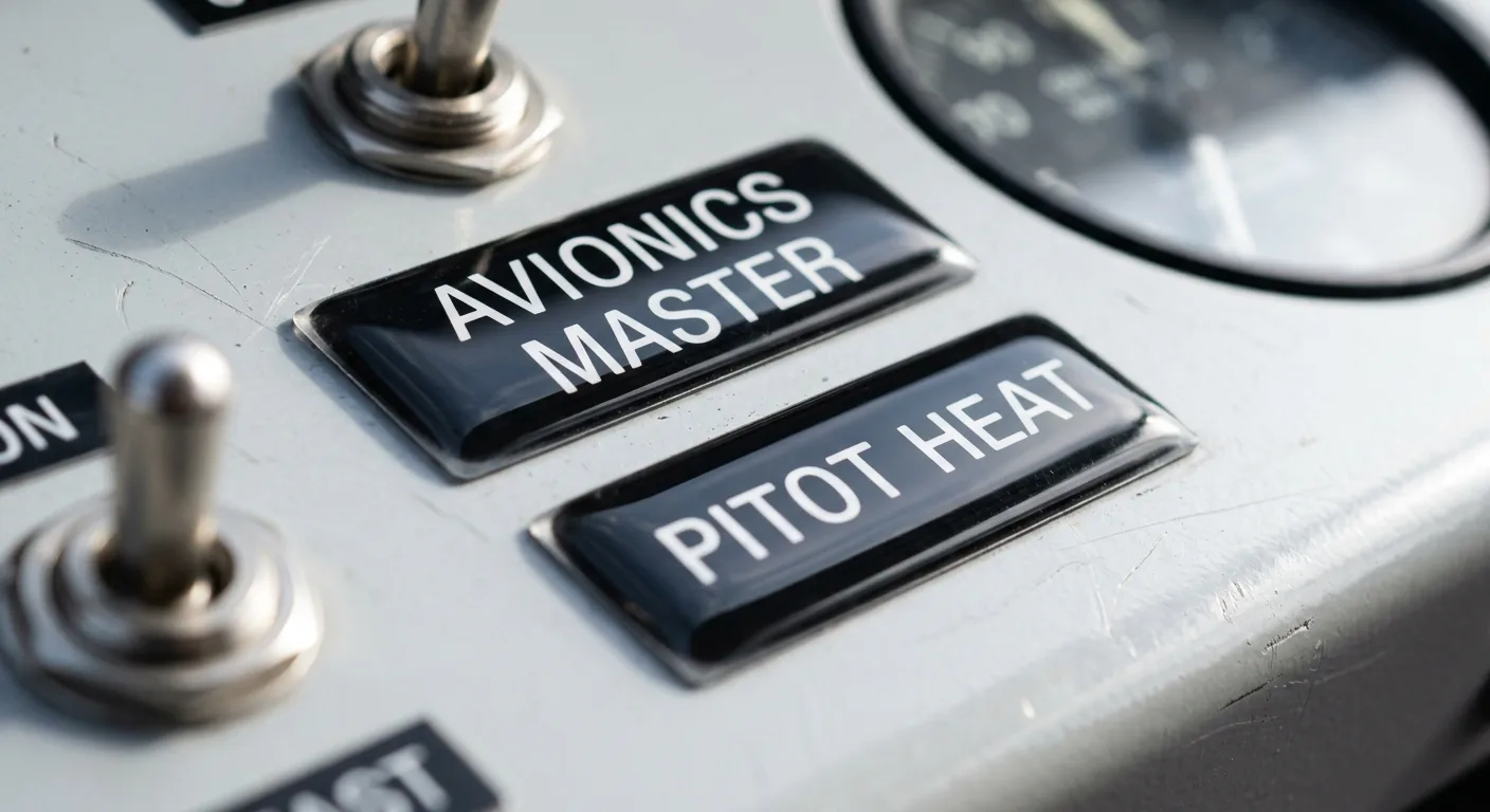 Domed legend plates identifying avionics master and pitot heat switches on an aircraft panel