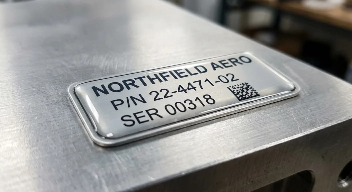 Dome part-identification label with part number, serial and data matrix on a machined aluminium component
