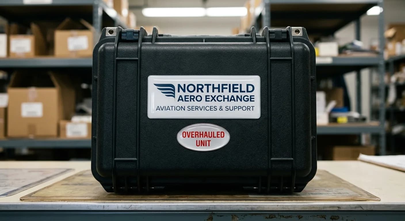 Dome nameplate on the lid of a transit case for an overhauled aircraft component
