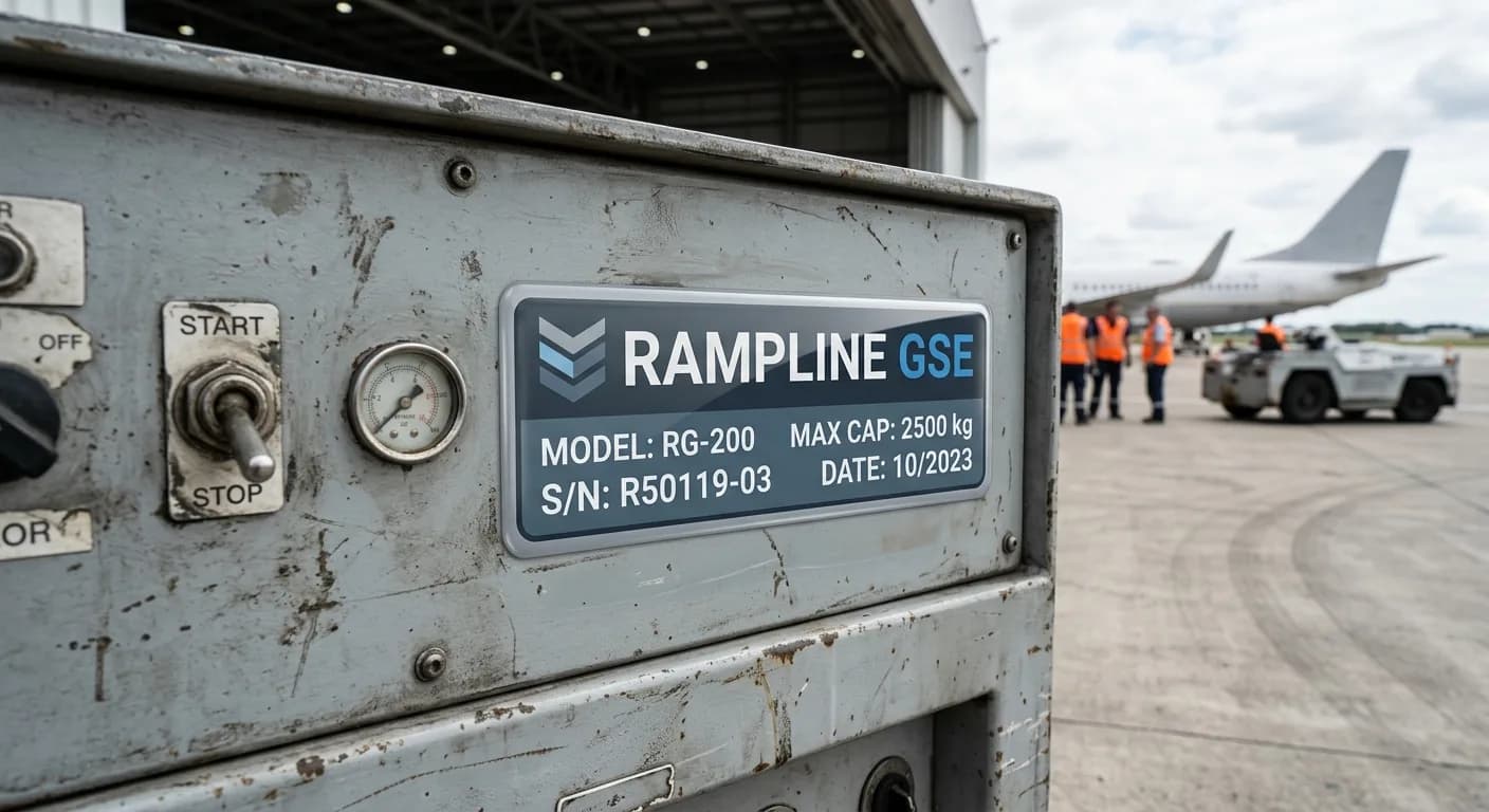 Large dome nameplate on the control panel of aircraft ground support equipment