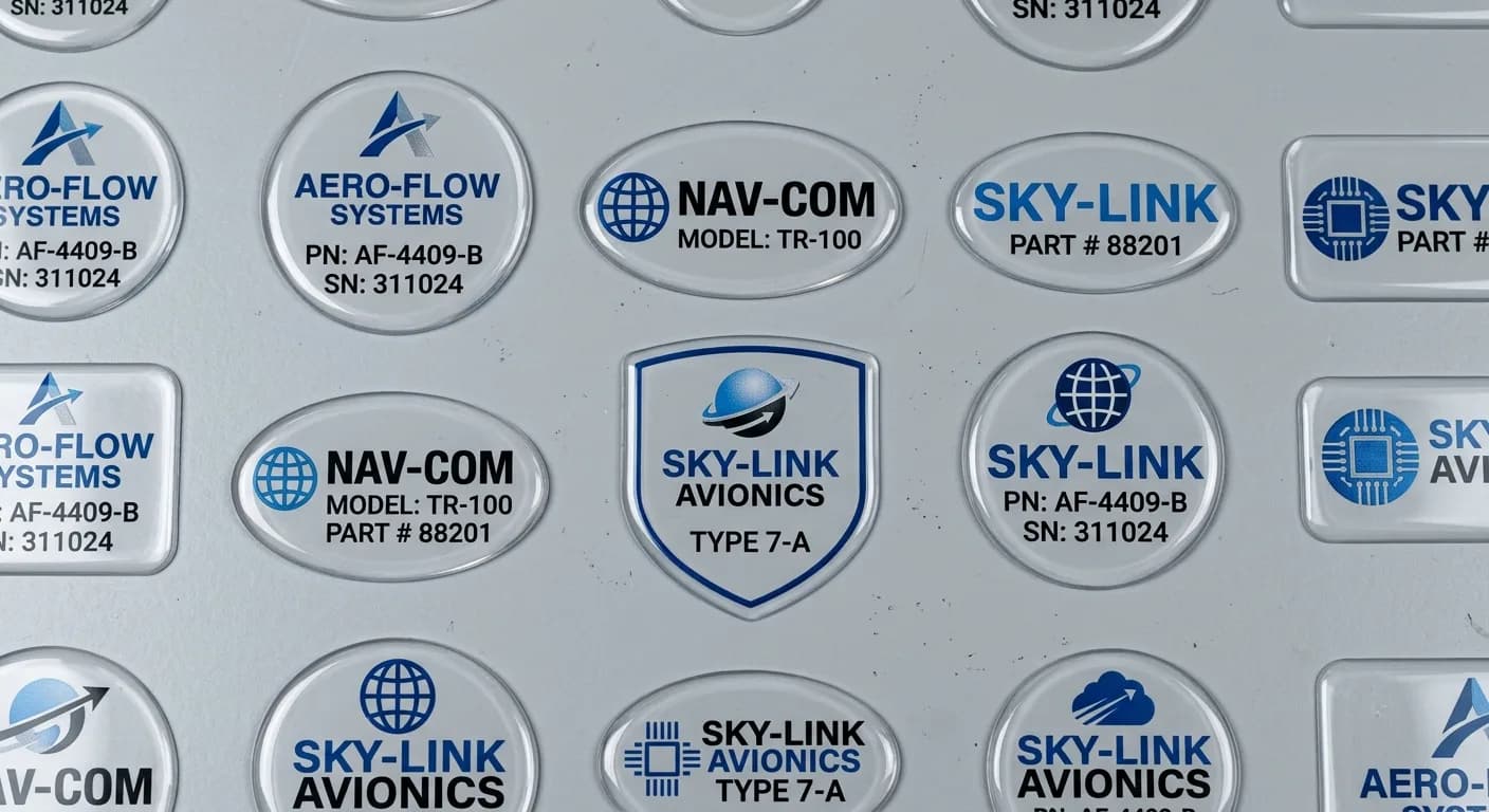 Flat lay of aerospace dome labels in circle, oval, rectangle and custom die-cut shapes