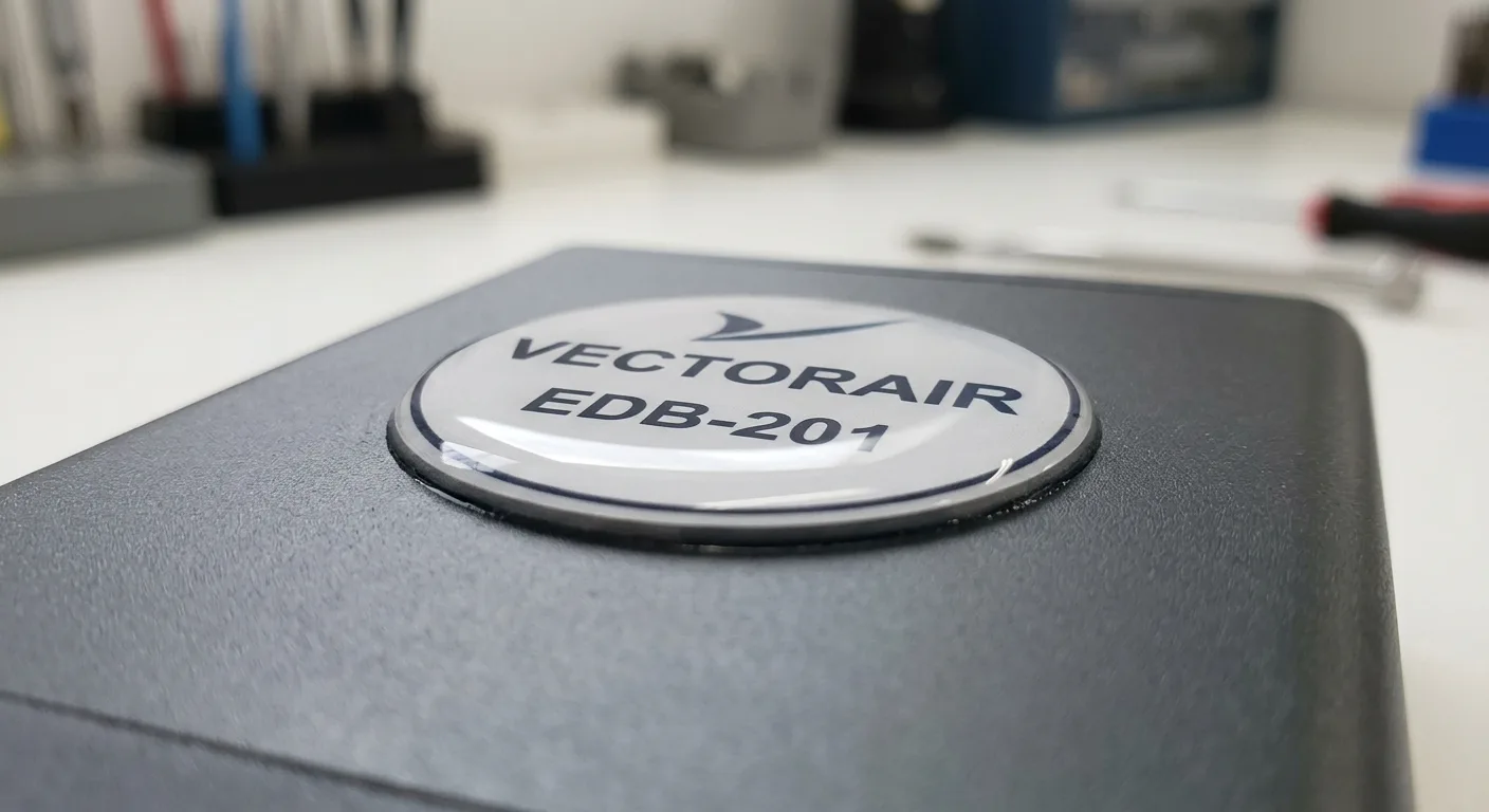 Circular dome badge on the anodized housing of an aircraft electrical component