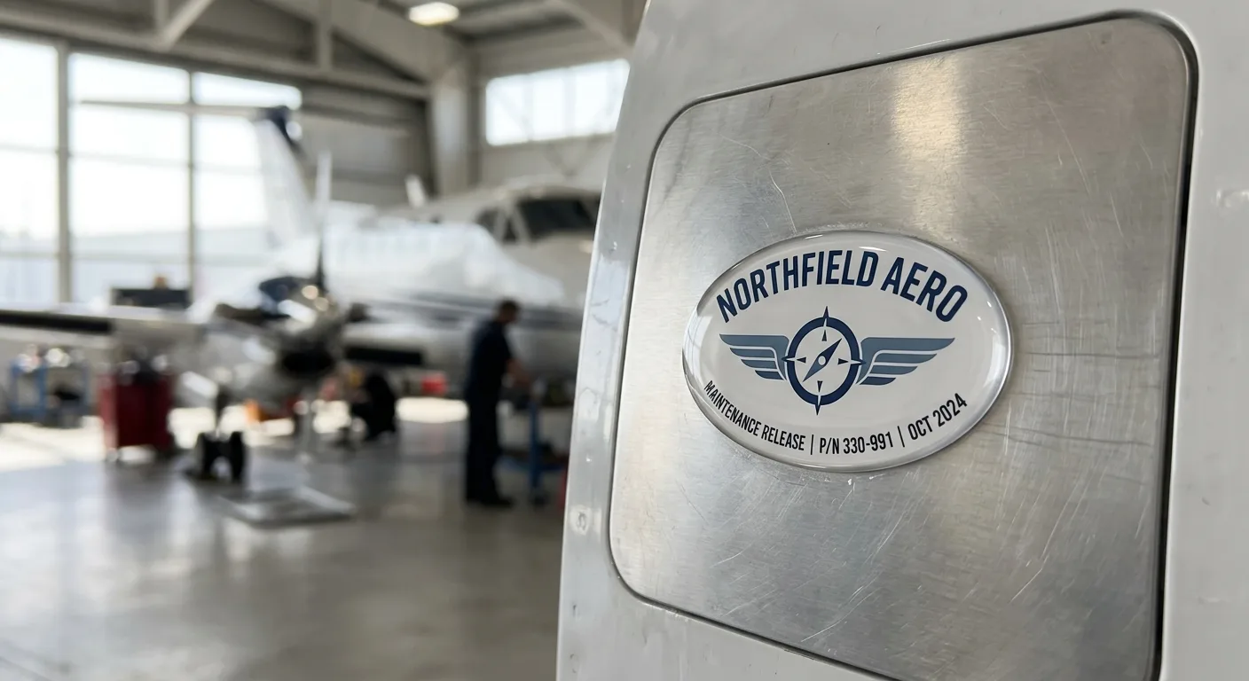 Oval dome label on an aircraft inspection access panel in a maintenance hangar
