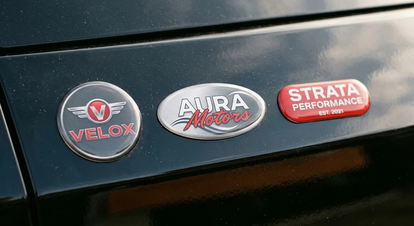 Three dome badges in different shapes laid on a black body panel