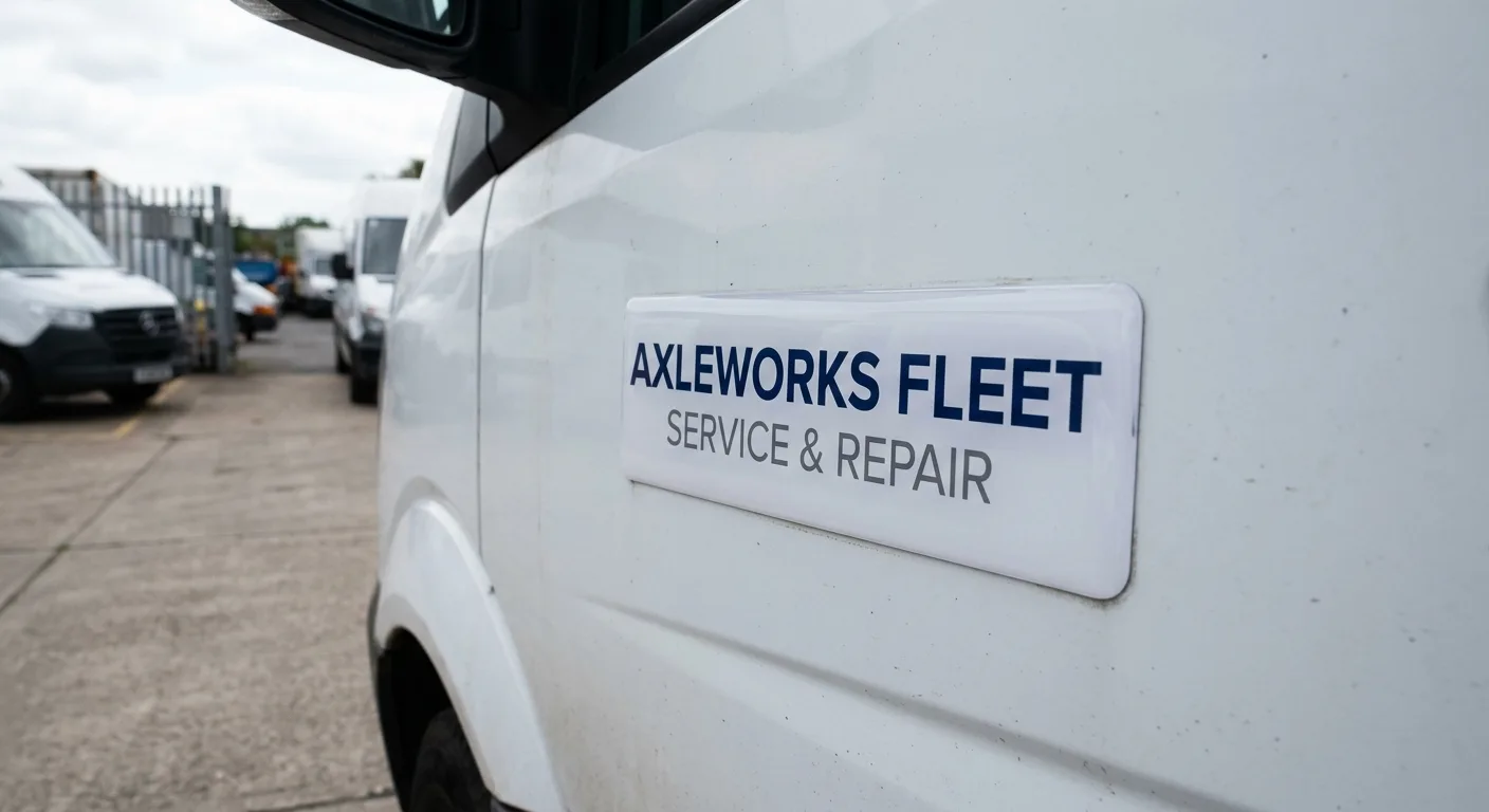 Large dome badge on the painted door panel of a fleet service van