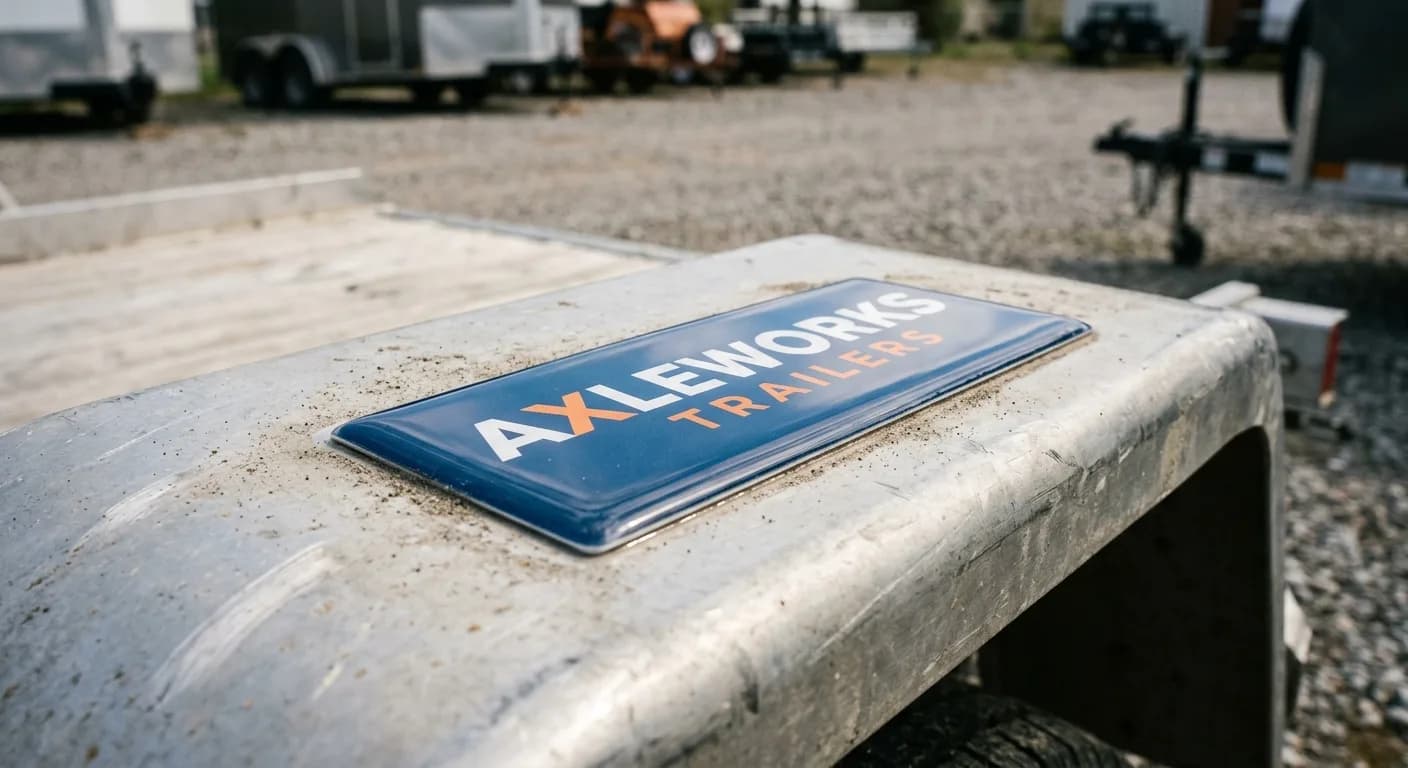 Large dome maker badge on the aluminium fender of a utility trailer