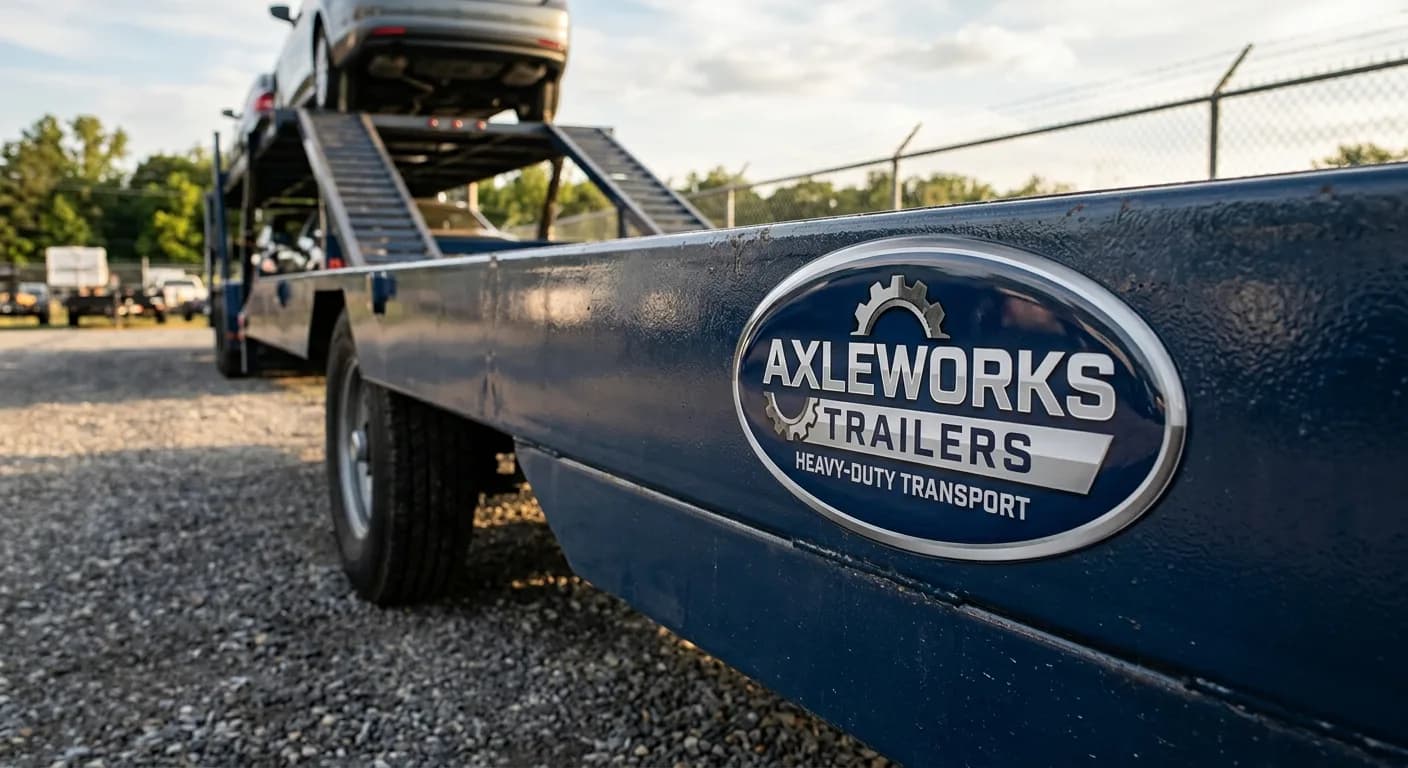 Oval dome badge on the side skirt of a two-car hauler trailer