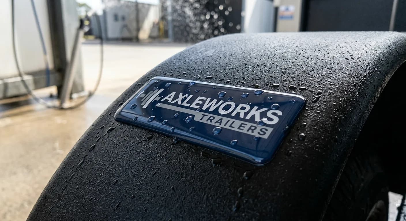 Water beading on a trailer dome badge after a wash, print unaffected
