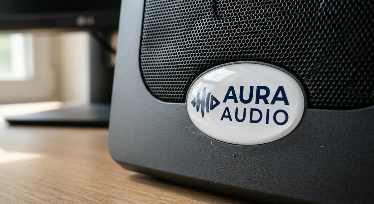 Close-up photograph of an oval 3D polyurethane dome badge seated inside a molded recess on an audio speaker grille