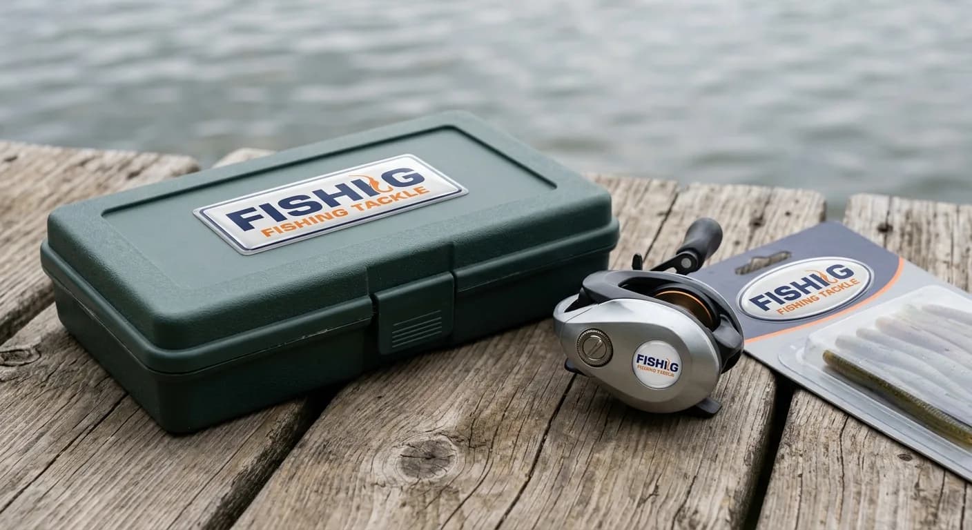 Fishing tackle dome labels on a tackle box, baitcasting reel, and bait packaging