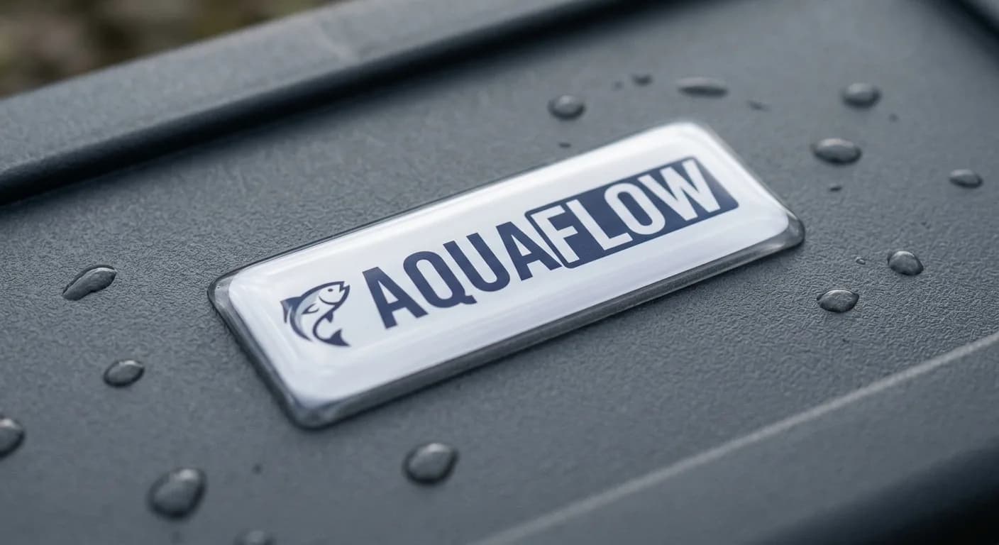 Rectangular dome nameplate on a hard plastic tackle box lid