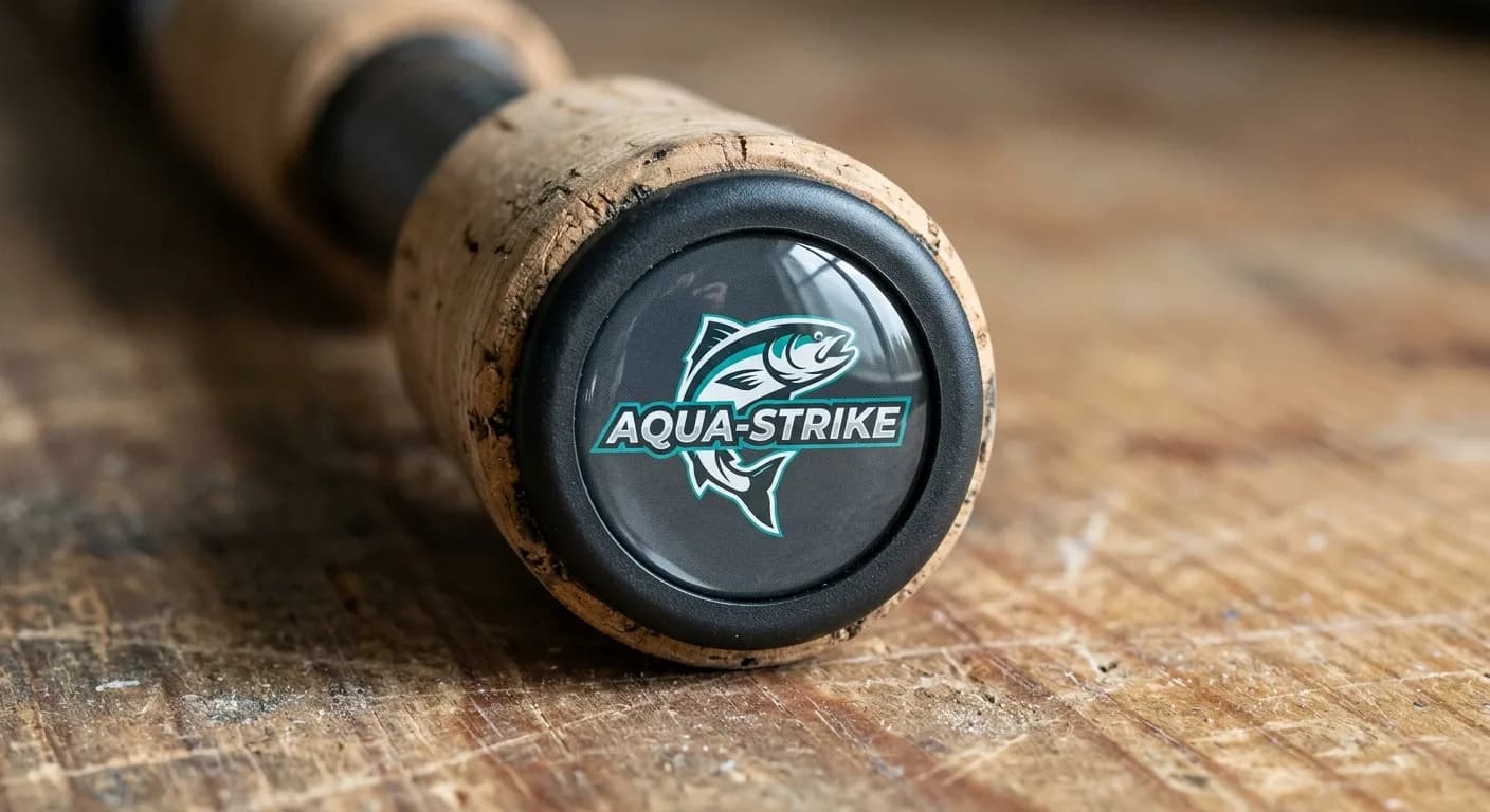 Circular dome label on a fishing rod butt cap
