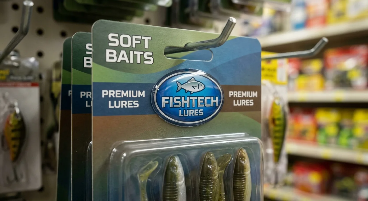 Oval dome label on a soft plastic bait blister pack header card