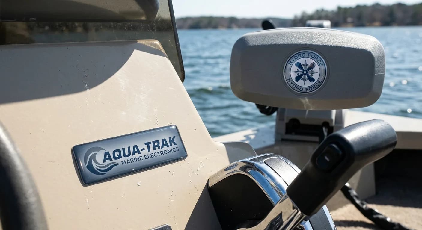Dome nameplates on a boat console panel and helm equipment