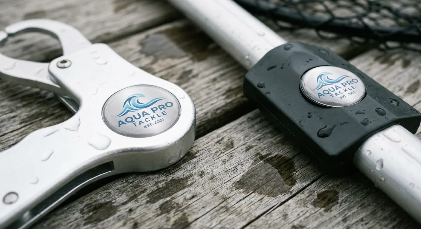 Dome badges on a fish gripper tool and landing net handle
