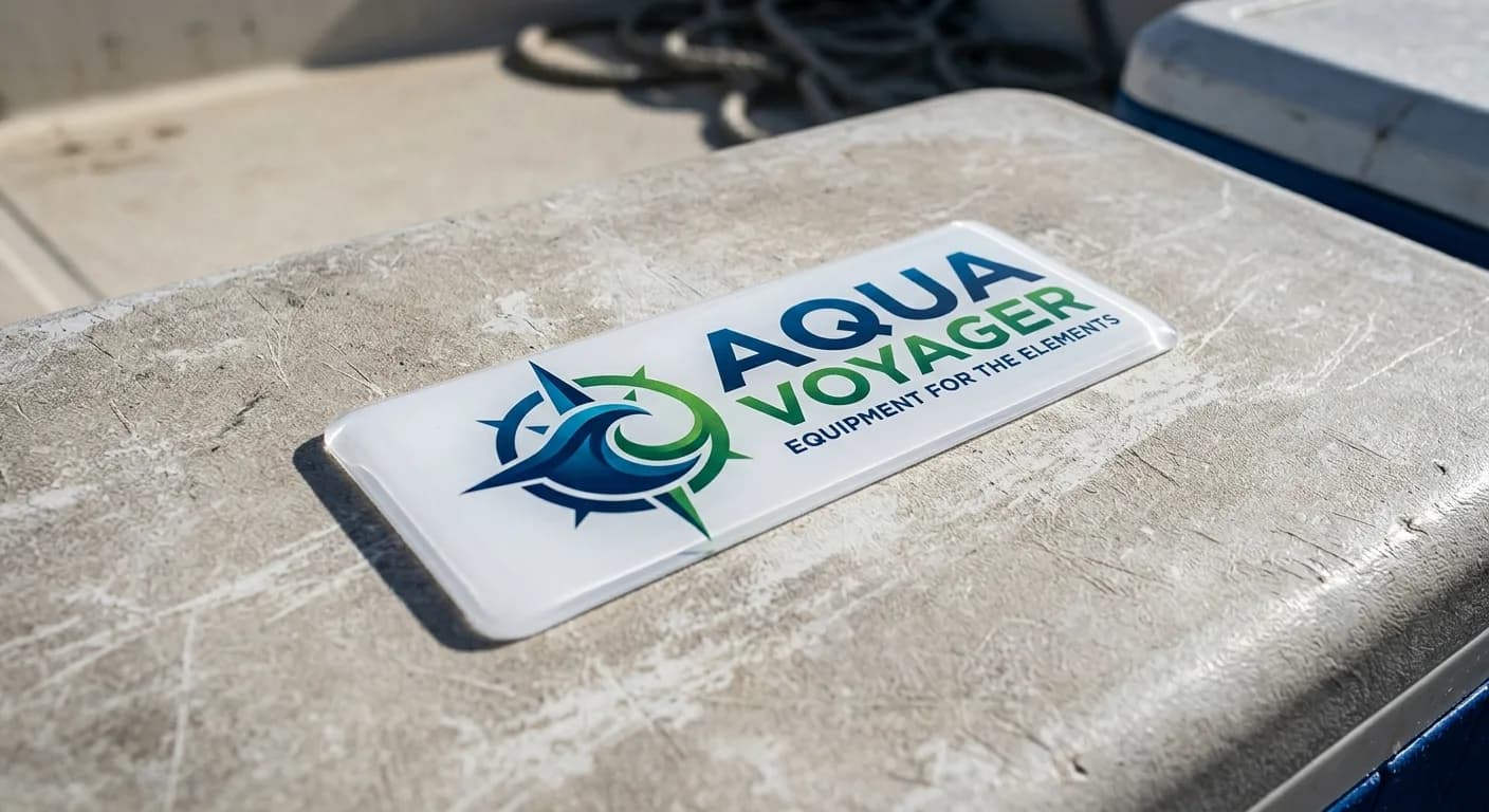 Rectangular dome label on a hard bait cooler lid in direct sun
