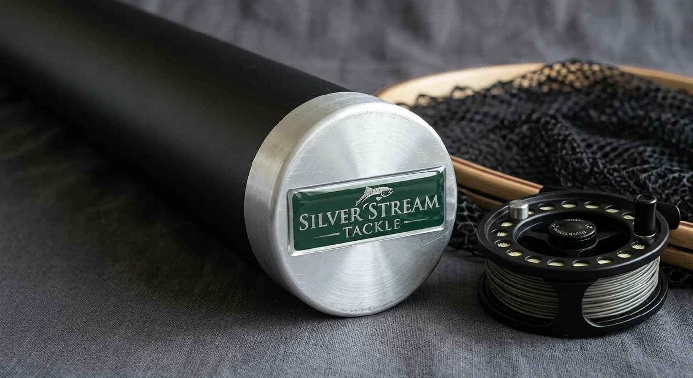 Dome nameplate on the brushed aluminium end cap of a fishing rod travel tube