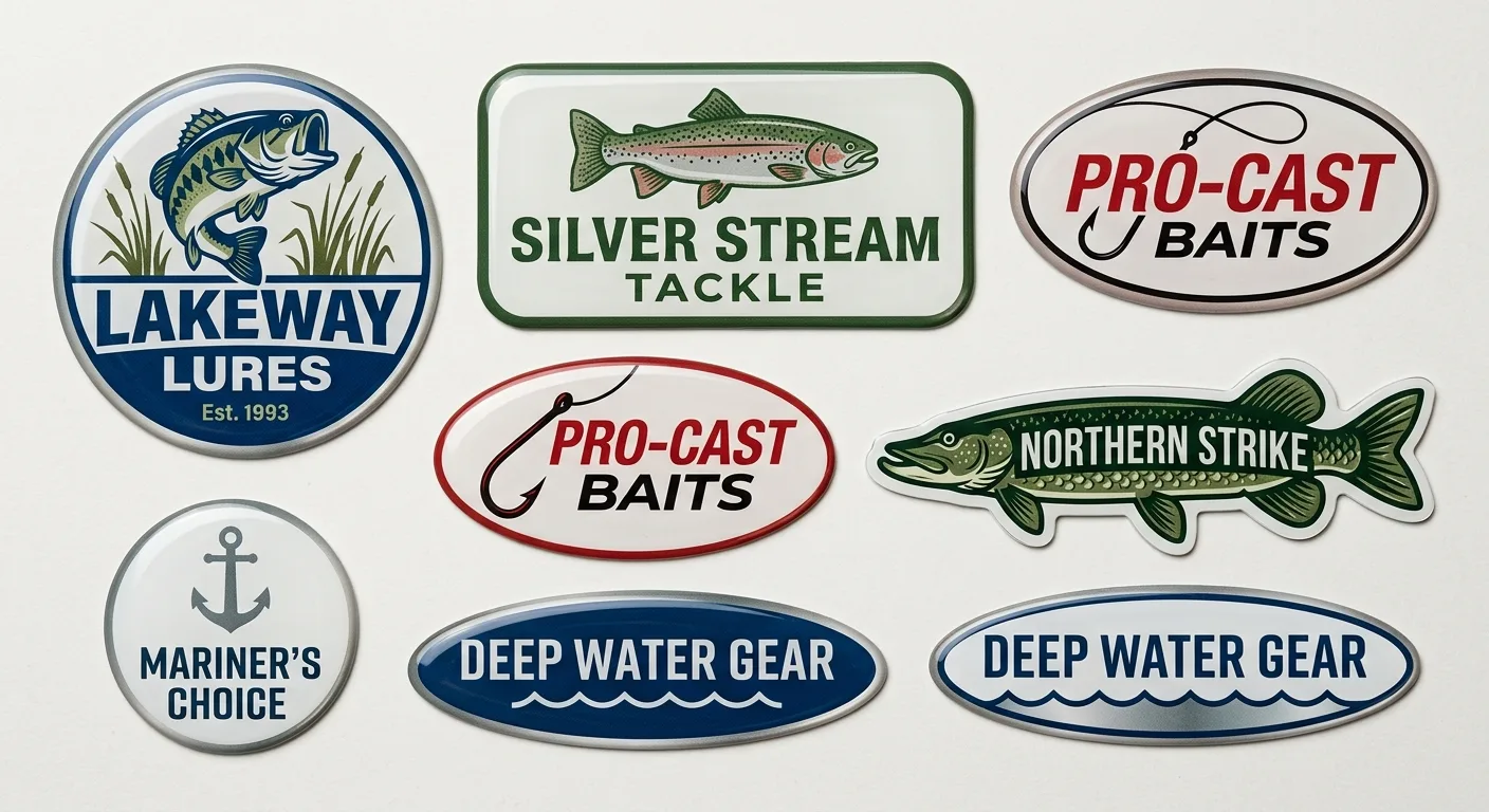 Flat lay of fishing tackle dome labels in circle, oval, rectangle and custom fish die-cut shapes